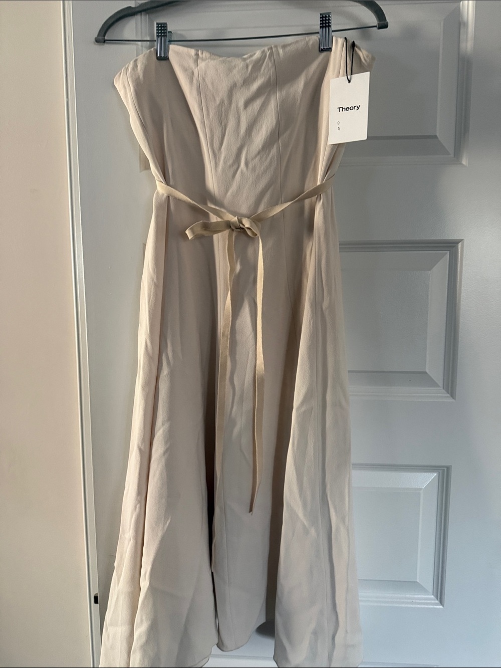 Theory Strapless Cream Midi Dress with Waist Tie